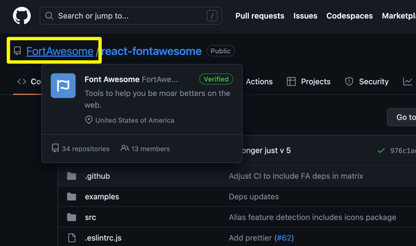 깃헙 프로젝트 조직 이름도 FortAwesome이에요
