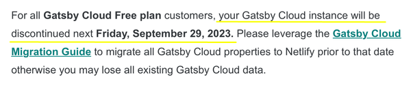 Gatsby Cloud 무료 사용자는 2023년 9월 29일 전에 마이그레이션을 해야 한다고 안내 받았어요.